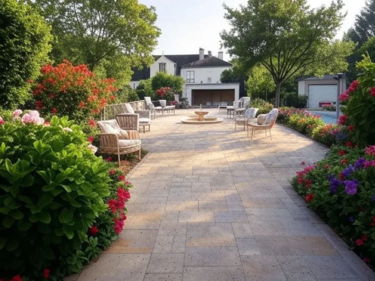 Jardin bien entretenu avec allée propre, arbres en santé, fleurs colorées, maison au fond et fontaine - Elagage Aulnay-sous-Bois (93)