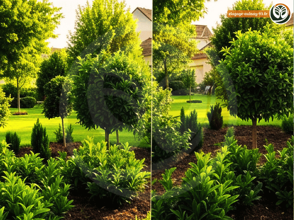 Arbustes et haies taillés avec précision dans un jardin entretenu par Élagage Aulnay 93.