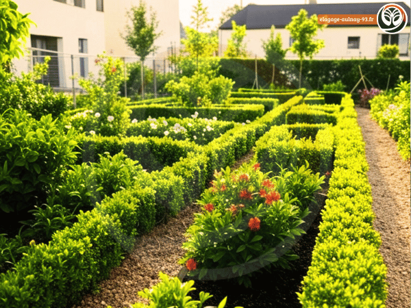 Jardin paysager structuré avec des haies taillées de manière géométrique.